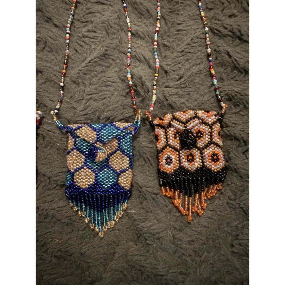 Vintage Hand-Beaded Amulet Medicine Pouch on Beaded Necklace and Fringe Lot Of 7
